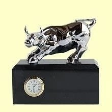 Wall Street Bull Clock - Black Marble, Chrome Bull